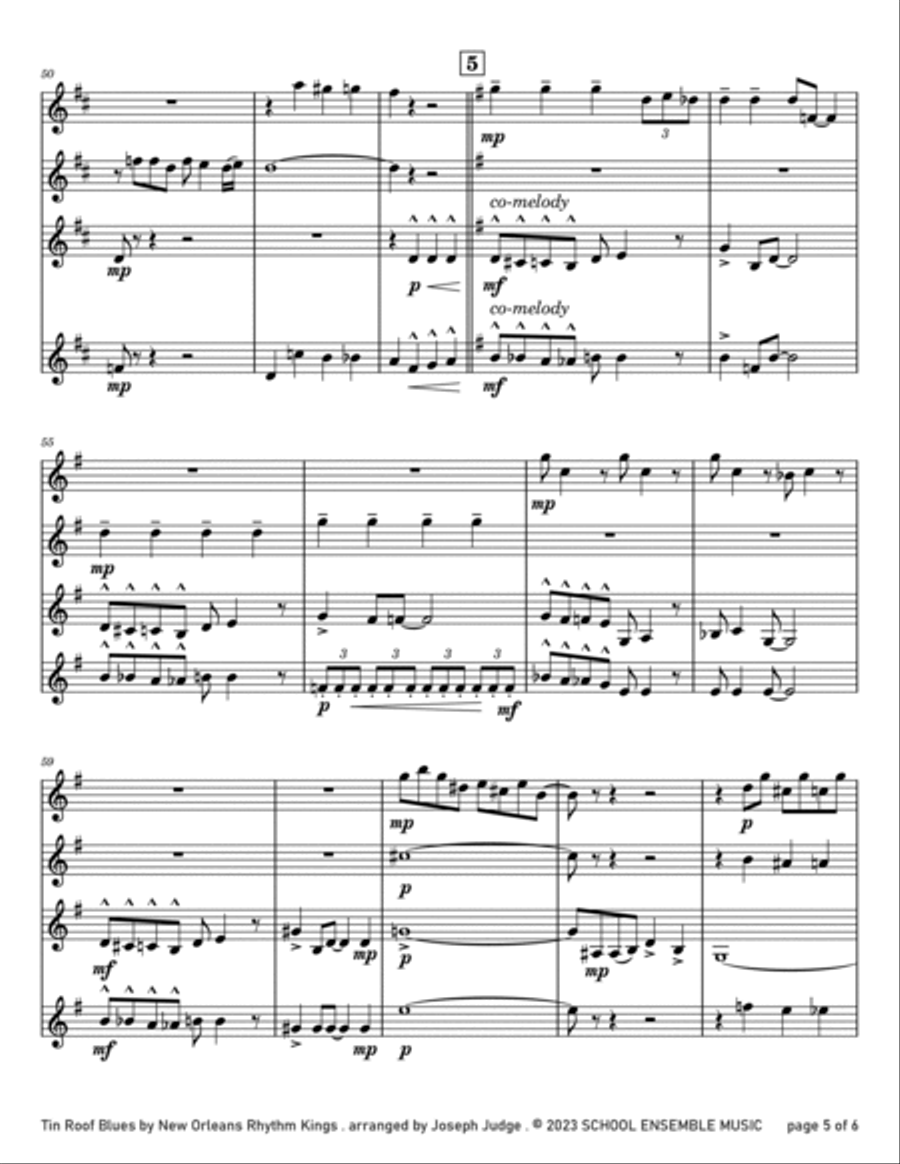 Tin Roof Blues by The Kings for Clarinet Quartet in Schools Clarinet Quartet scores gallery preview page 5