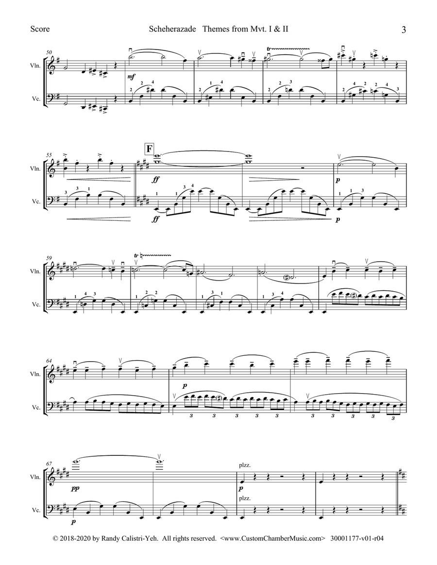 Rimsky-Korsakov - Scheherazade: Themes from Mvts 1 & 2 (violin/cello duet) String Duet scores gallery preview page 3