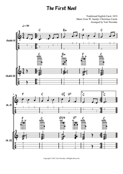 The First Noel - For two Ukulele voices (melody and chords) - Very easy Christmas Carols image number null