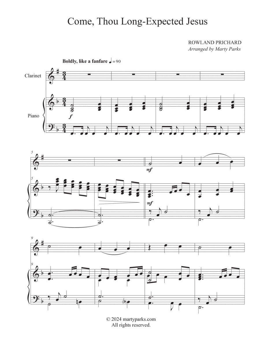 Come, Thou Long-Expected Jesus (Clarinet-Piano) Clarinet Solo scores gallery preview page 1