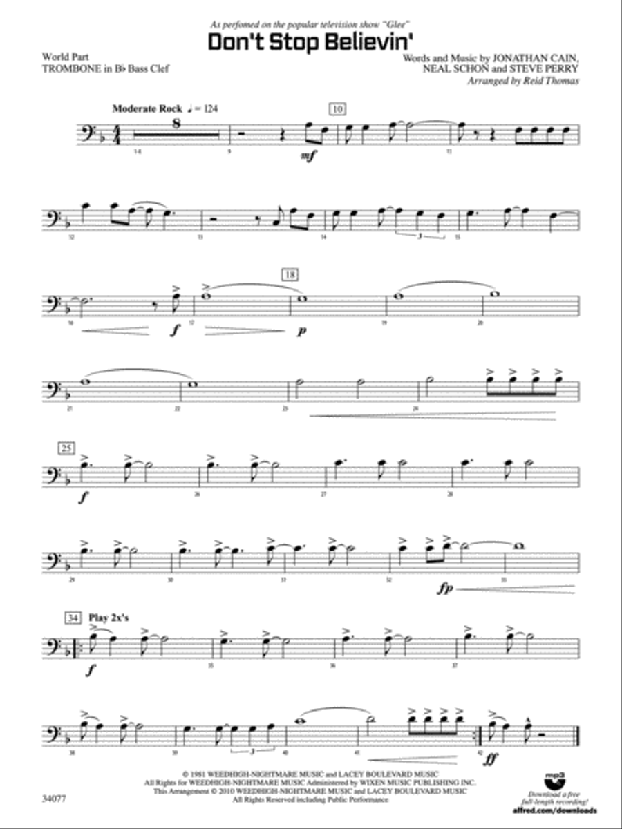 Don't Stop Believin': (World Part) 1st B-flat Trombone B.C. Concert Band scores gallery preview page 1
