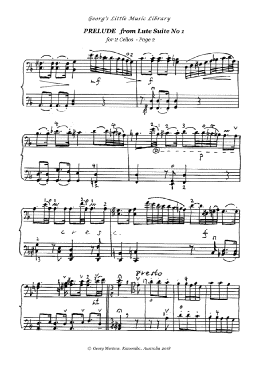 J.S. Bach Lute Suite No 1 arr. for 2 cellos String Duet scores gallery preview page 6