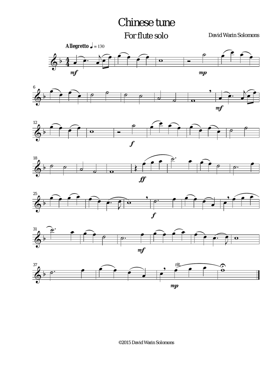 Chinese tune for solo flute Flute Solo scores gallery preview page 1
