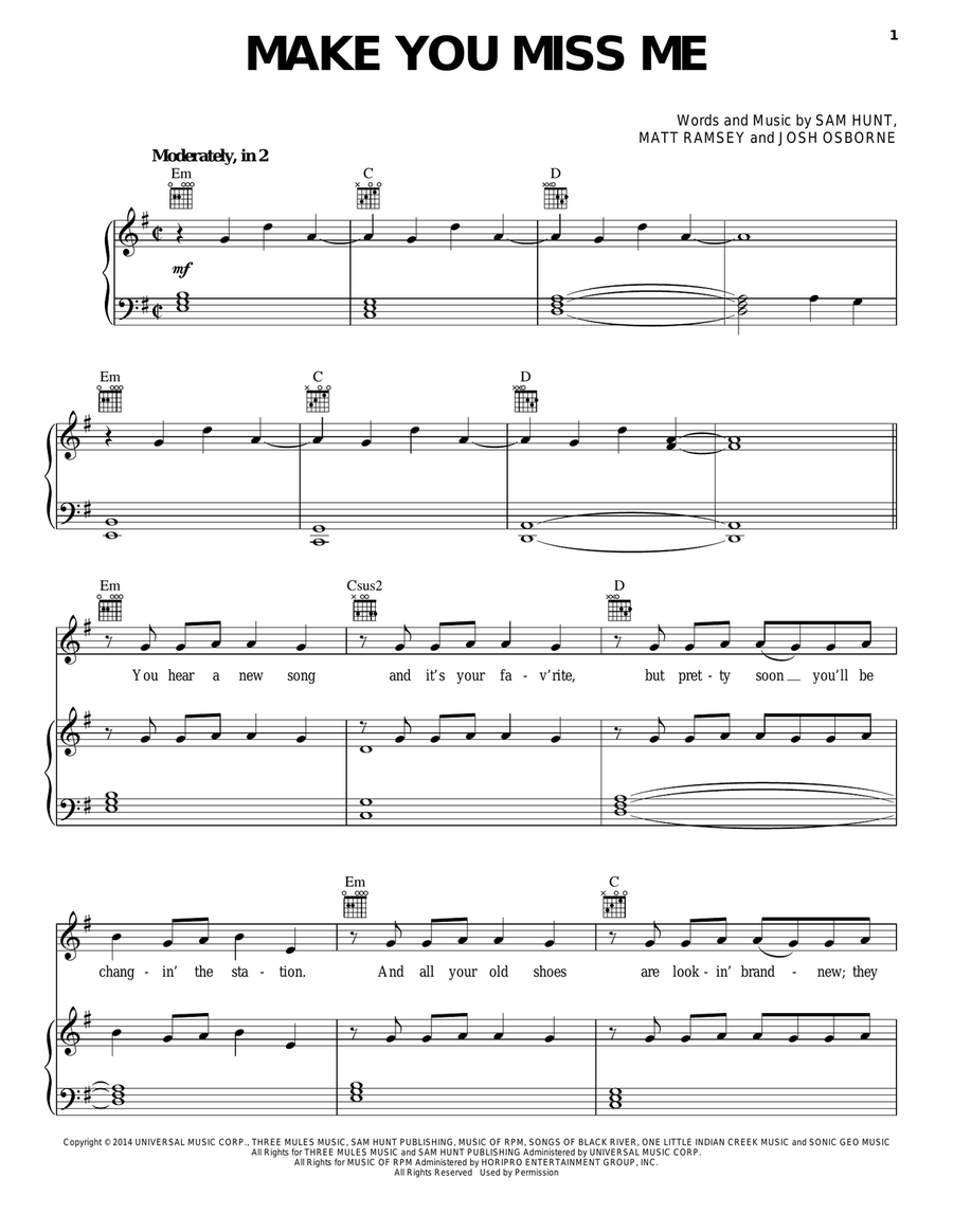 Make You Miss Me Piano, Vocal, Guitar scores gallery preview page 1