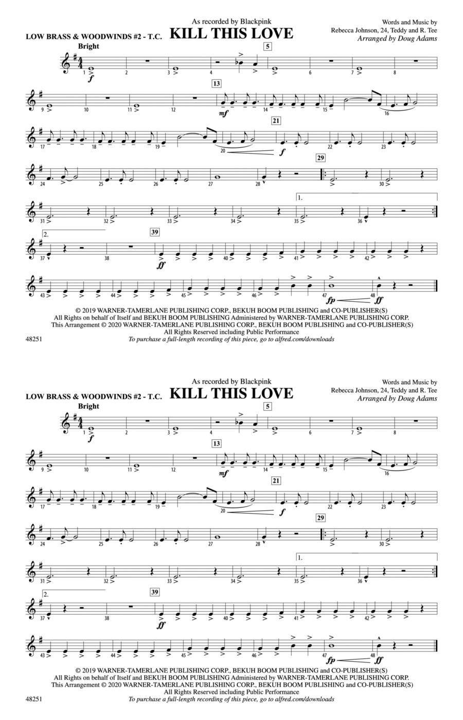 Kill This Love: Low Brass & Woodwinds #2 - Treble Clef Marching Band scores gallery preview page 1