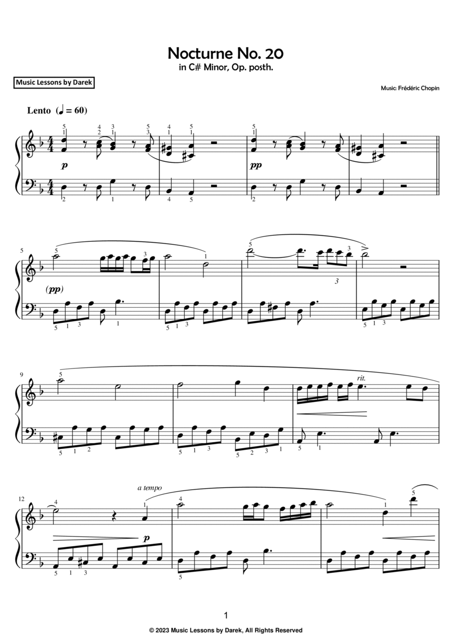 Nocturne No. 20 (EASY PIANO) in C# Minor, Op. posth. [Frédéric Chopin] Easy Piano scores gallery preview page 1