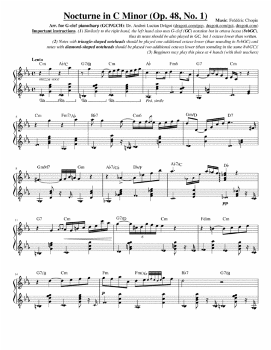 Chopin - Nocturne in C Minor (Op. 48, No. 1) - Arr. for G-clef piano/harp (GCP/GCH) including lead s Harp scores gallery preview page 1