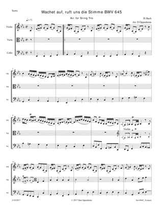 Bach: Wachet auf, ruft uns die Stimme BWV 645 arr. for String Trio