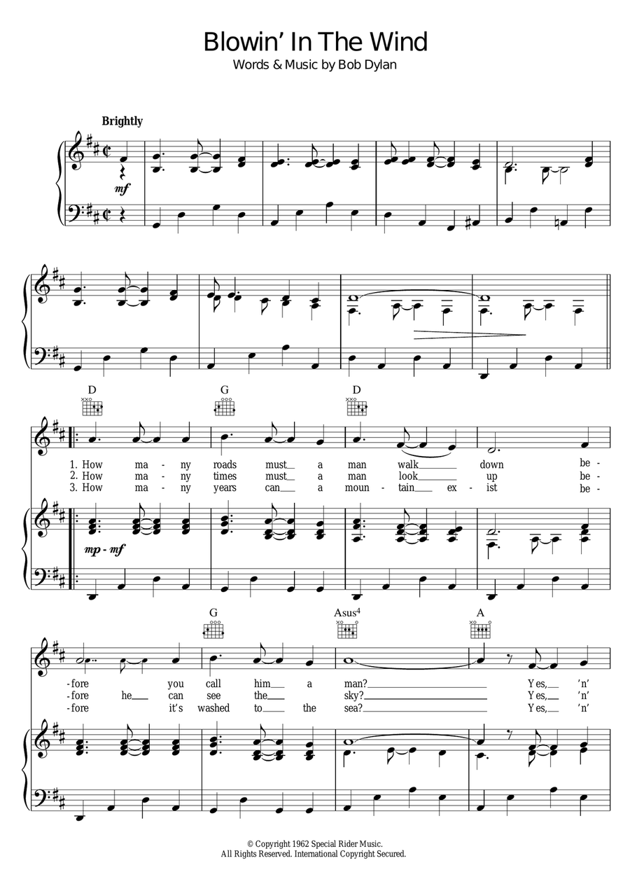 Blowin' In The Wind Piano, Vocal, Guitar scores gallery preview page 1
