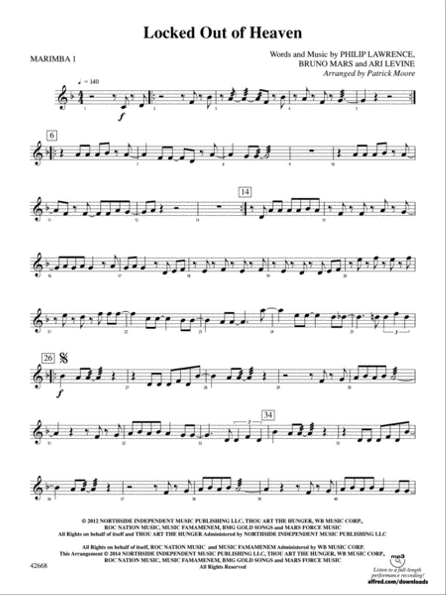 Locked Out of Heaven: Mallets Percussion Ensemble scores gallery preview page 1