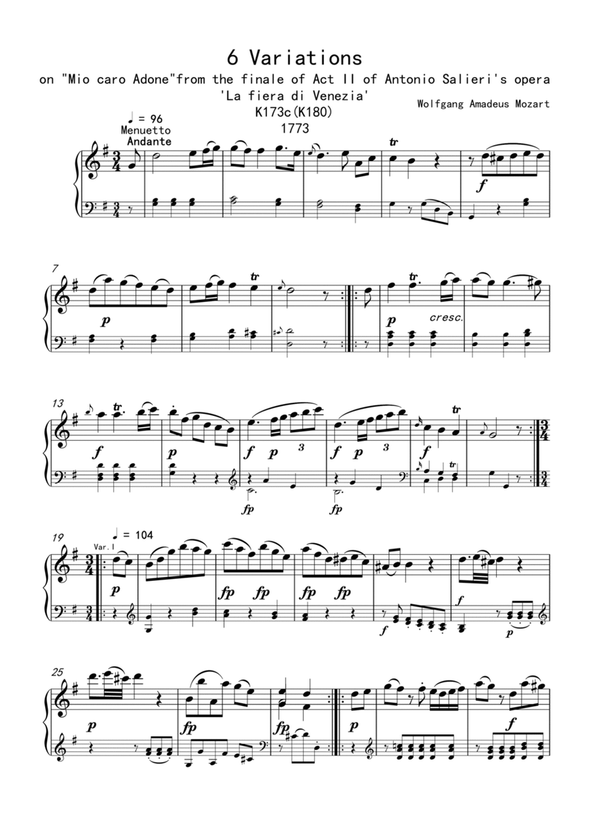 Mozart K.180/K180-Variations on 'Mio caro Adone' from 'La fiera di Venezia' image number null