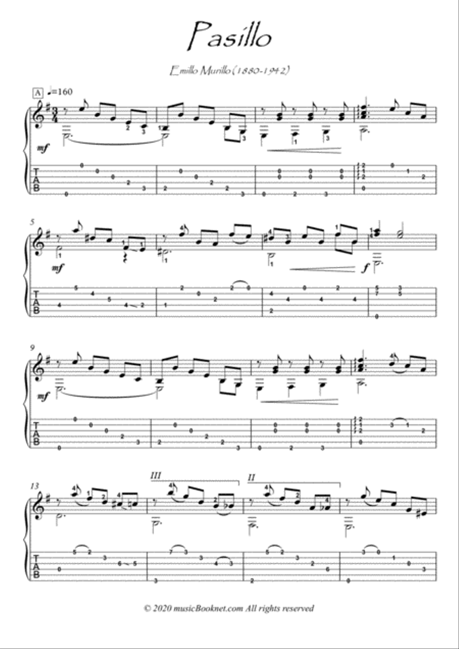 Pasillo for Classical Guitar by E.Murillo Acoustic Guitar scores gallery preview page 1