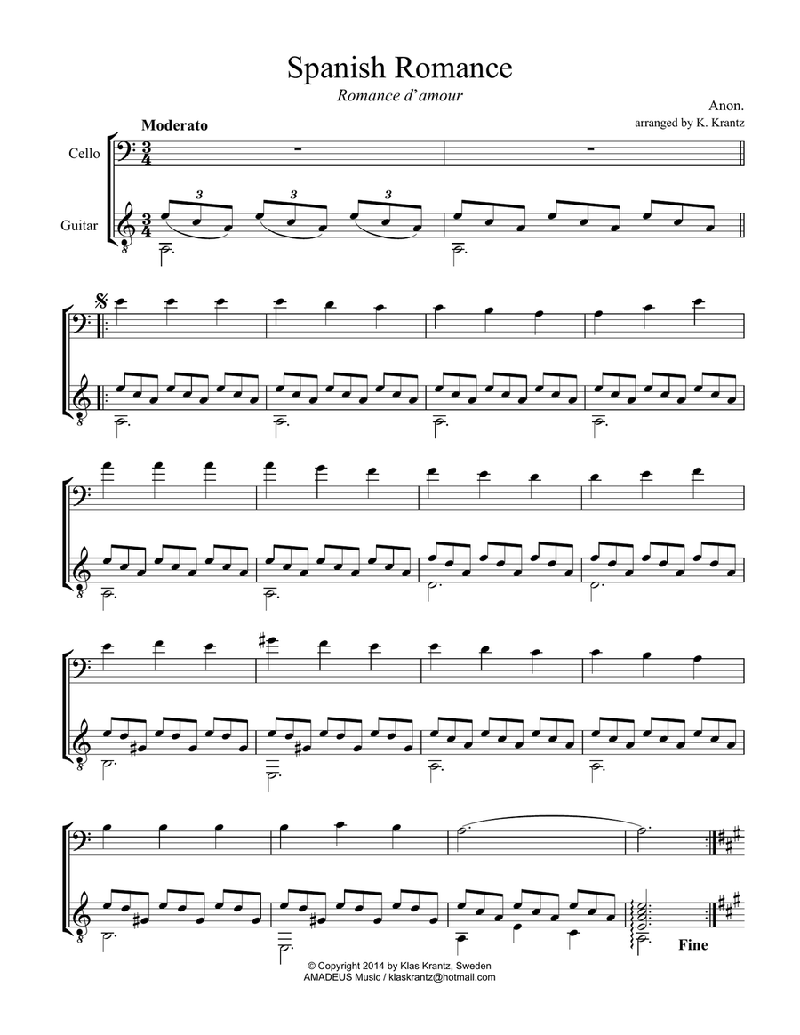Spanish Romance Romanza for cello and guitar by Klas Krantz String Duet Digital Sheet Music Sheet Music Plus