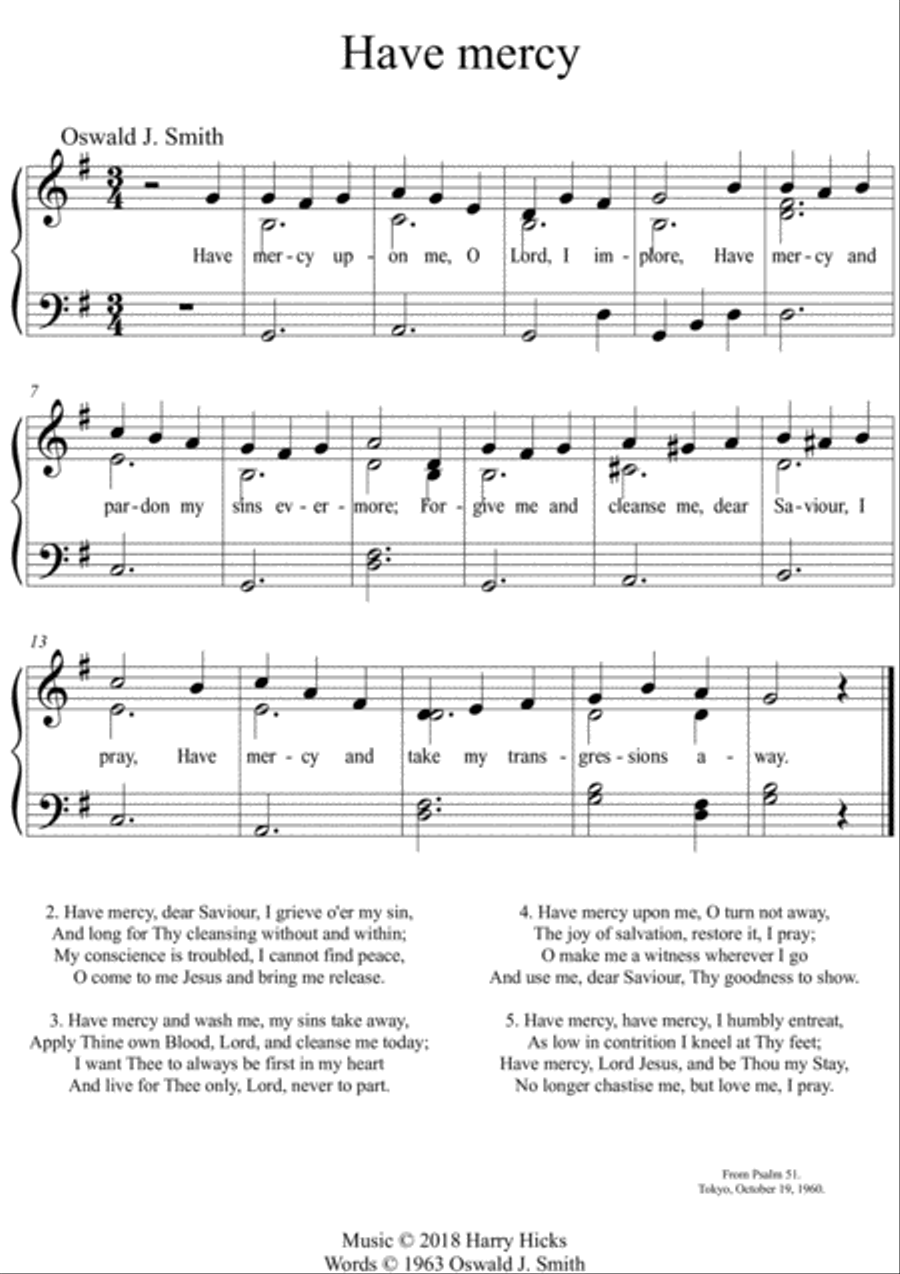 Have mercy upon me O Lord. A new tune to a wonderful Oswald Smith hymn. Unison Choir scores gallery preview page 1