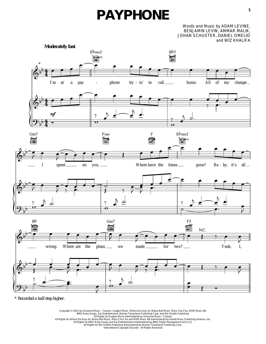 Payphone Piano, Vocal, Guitar scores gallery preview page 1