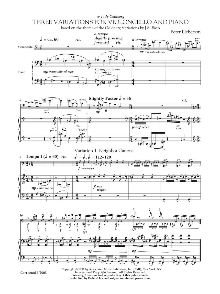Three Variations For Violoncello And Piano Piano scores gallery preview page 1