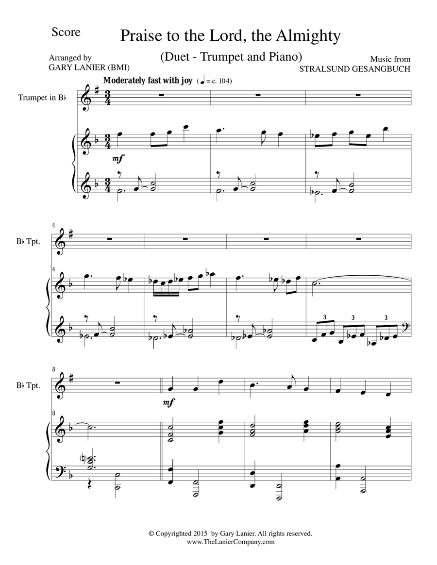 2 PAK HYMN SERIES! PRAISE TO THE LORD & ALL CREATURES OF OUR GOD, Bb Trumpet & Piano (Score & Parts) B-Flat Trumpet scores gallery preview page 2