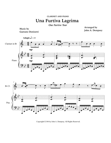 Una Furtiva Lagrima (One Furtive Tear): Clarinet and Piano image number null