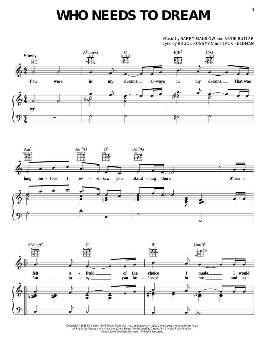 Who Needs To Dream Piano, Vocal, Guitar scores gallery preview page 1