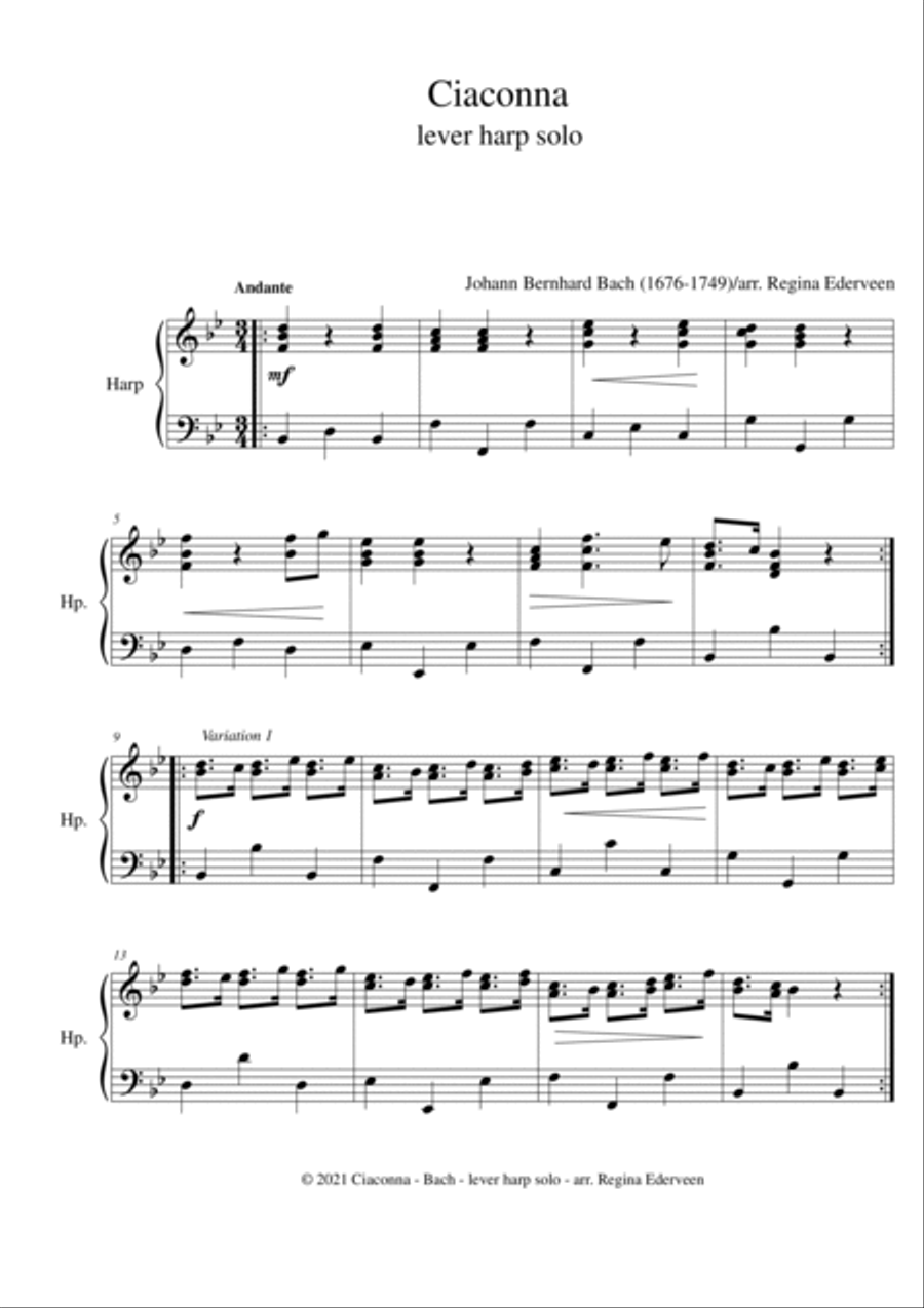 Ciaconna (J.B. Bach) - lever harp solo Celtic Harp scores gallery preview page 1