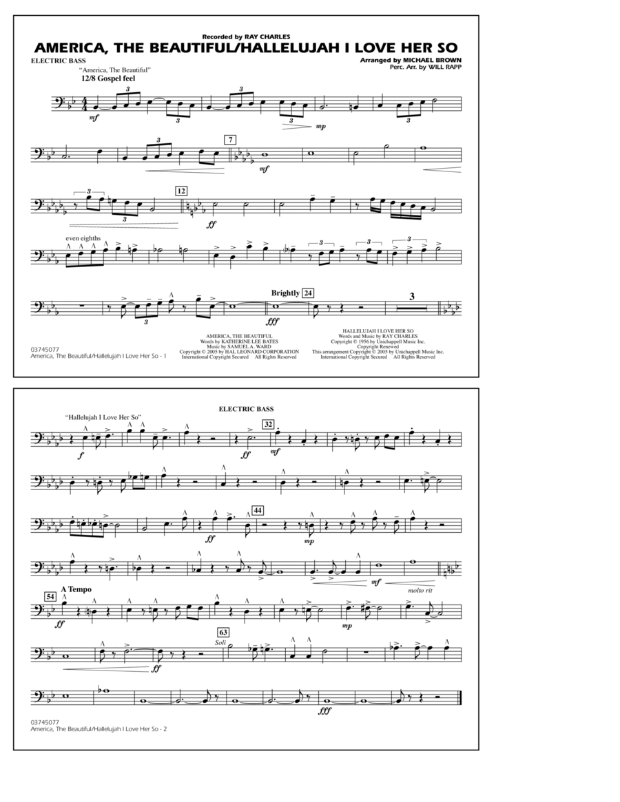 America, The Beautiful/Hallelujah I Love Her So (arr. Michael Brown) - Electric Bass Marching Band scores gallery preview page 1