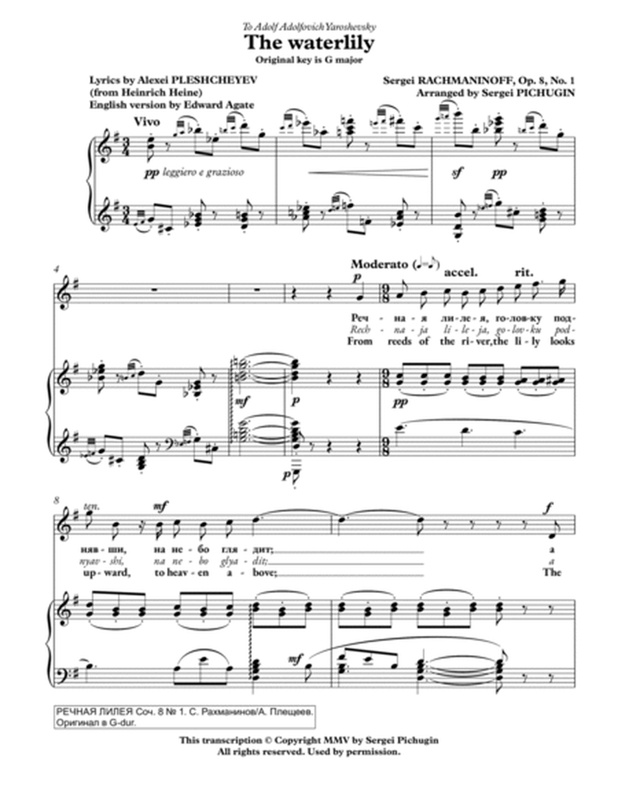 RACHMANINOFF Sergei: The waterlily, an art song with transcription and translation (G major)