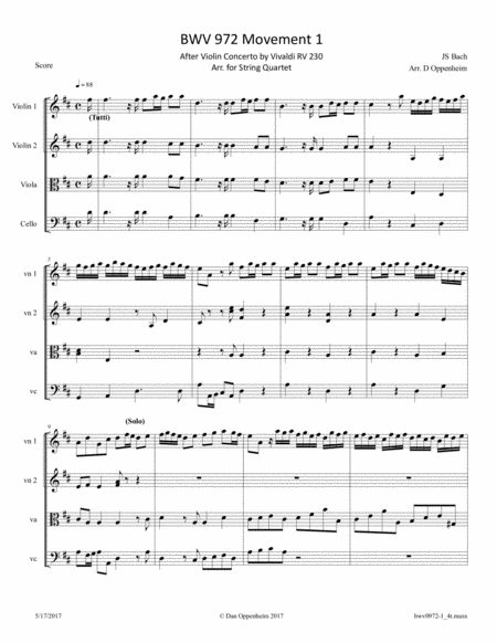 Bach: BWV 972 Mvt 1 after Violin Concerto by Vivaldi RV 230; Arr. for String Quartet image number null