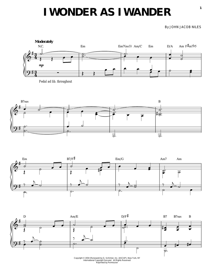 I Wonder As I Wander Piano, Vocal scores gallery preview page 1