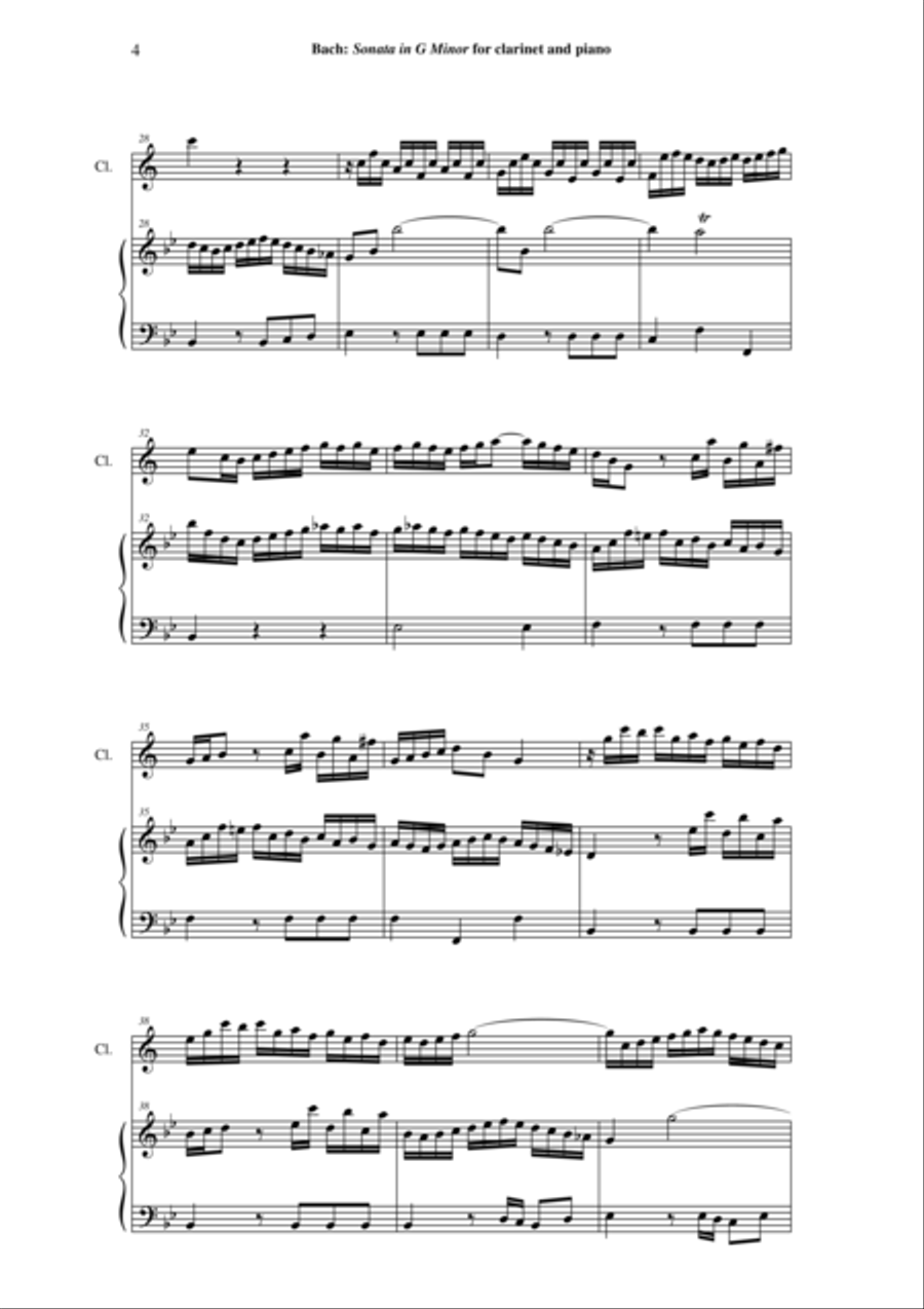 J. S. Bach: Sonata in g minor, BWV 1020 arranged for Bb clarinet and piano (or harp) B-Flat Clarinet scores gallery preview page 4