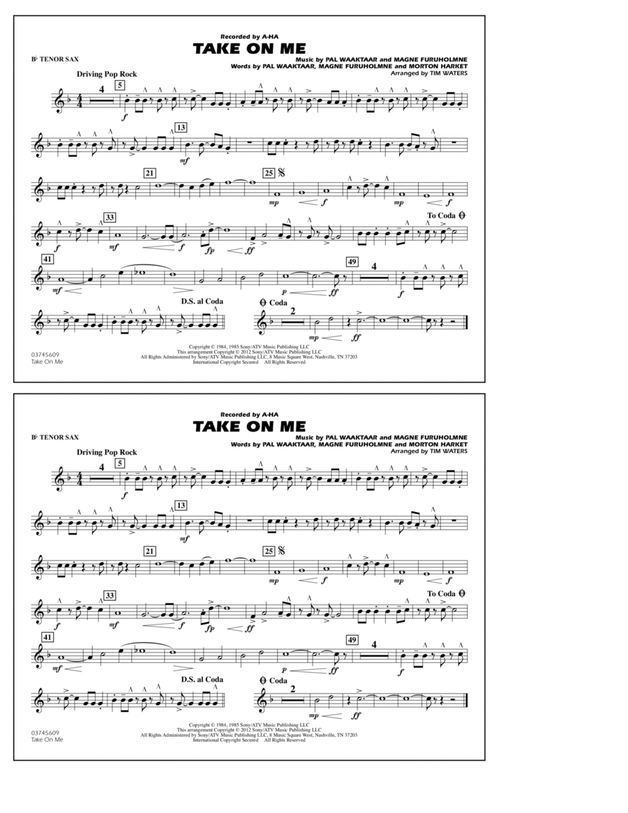 Take On Me - Bb Tenor Sax