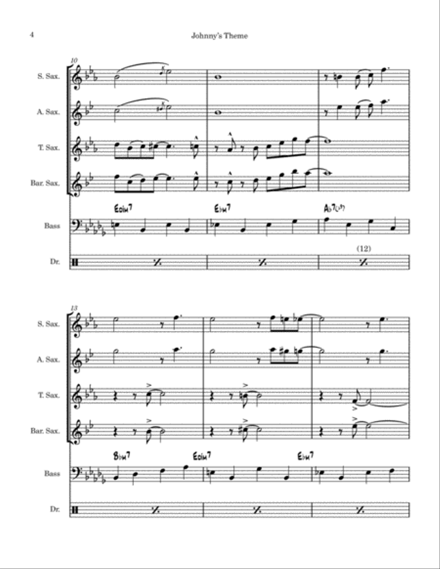Johnny's Theme Saxophone Quartet scores gallery preview page 4