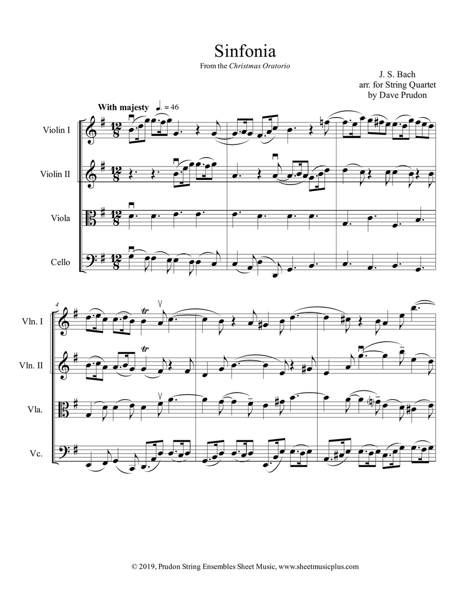 Christmas Oratorio (Sinfonia) for String Quartet String Quartet scores gallery preview page 1