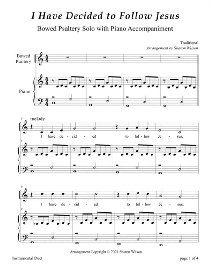 I Have Decided to Follow Jesus (Easy Bowed Psaltery Solo with Piano Accompaniment) Zither scores gallery preview page 3