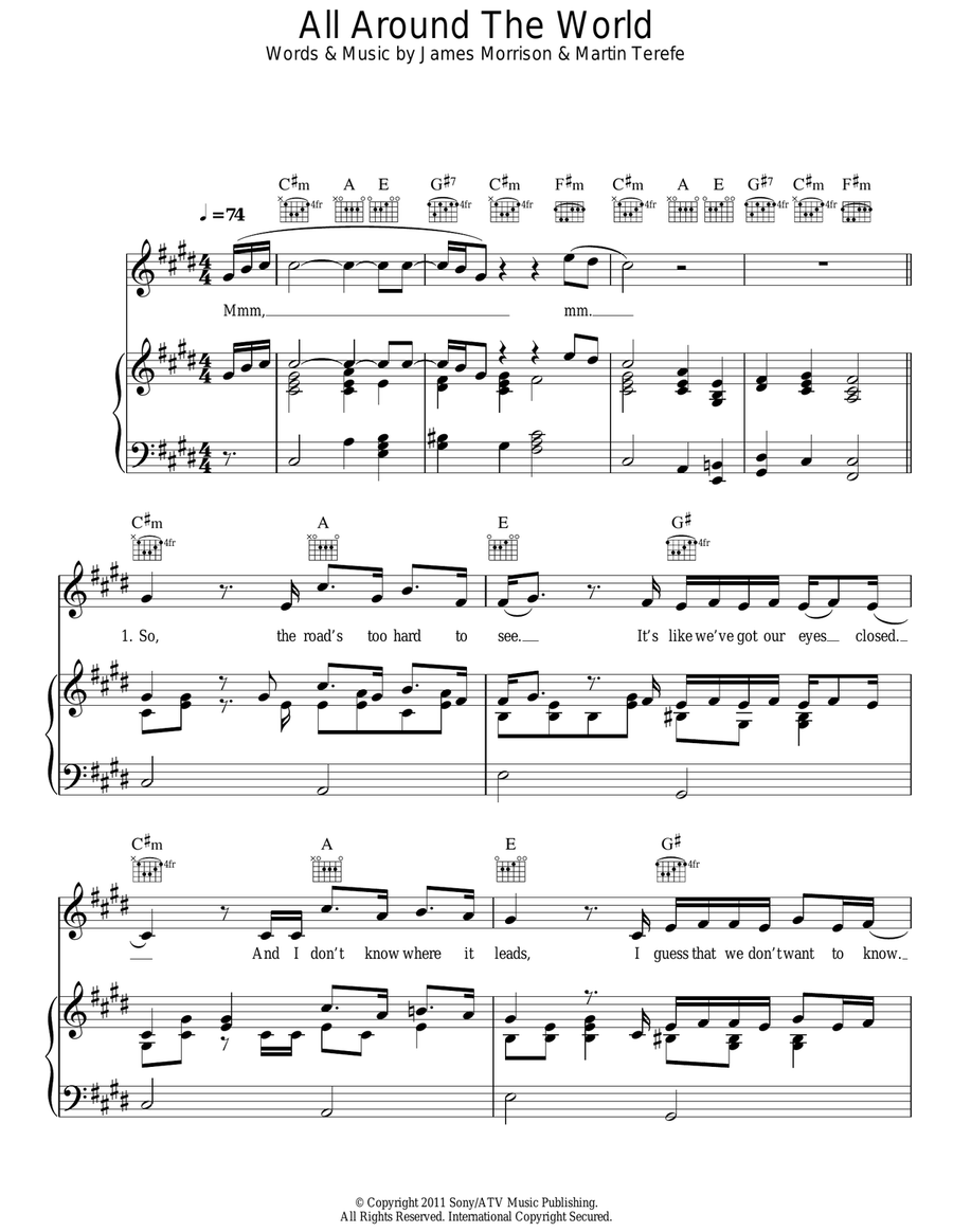 All Around The World Piano, Vocal, Guitar scores gallery preview page 1