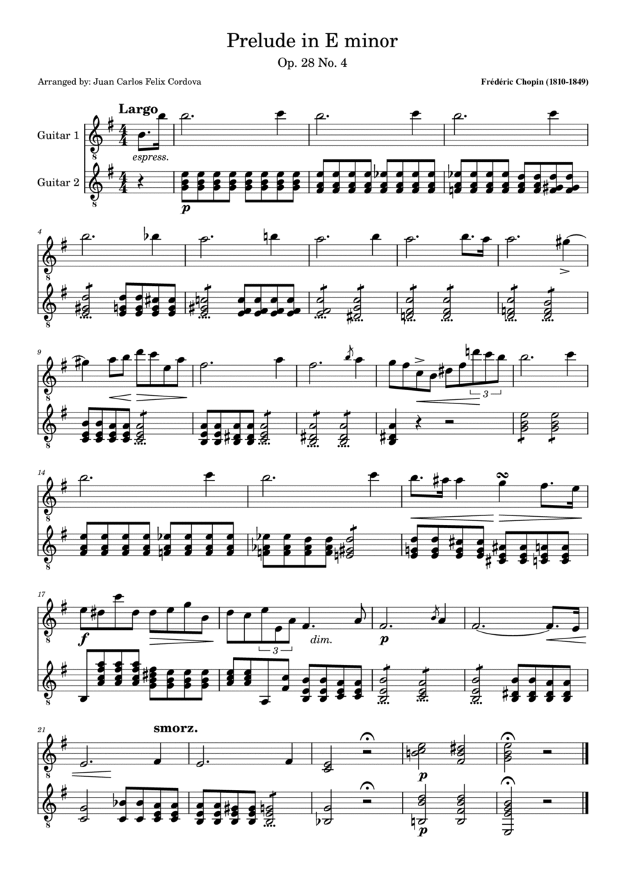 Prelude in E minor Op. 28 No. 4 for 2 guitars Chamber Music scores gallery preview page 1
