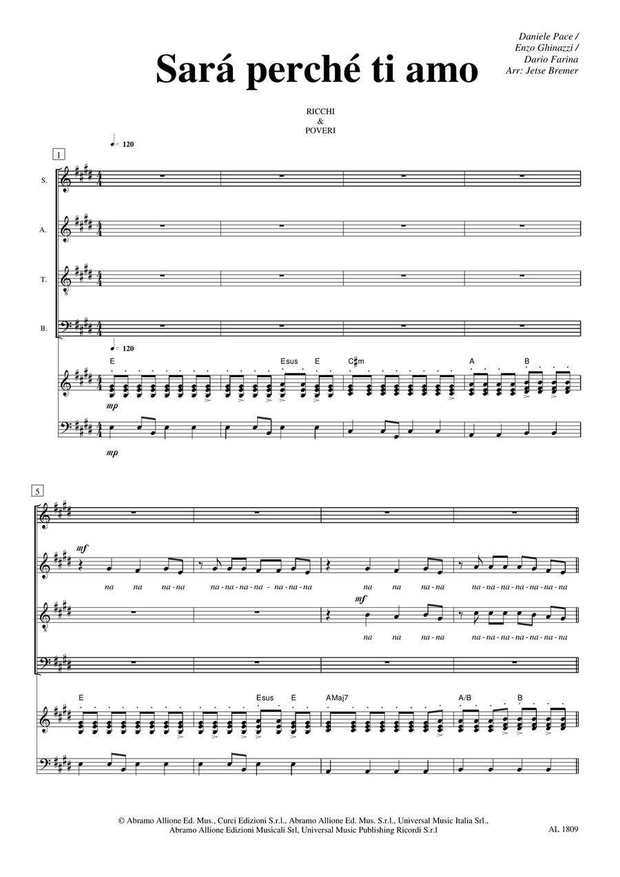 Sara Perche Ti Amo 4-Part scores gallery preview page 1