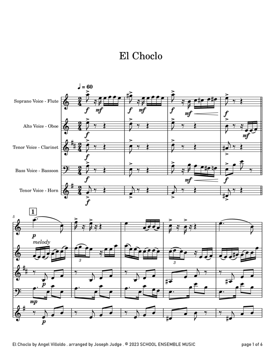 El Choclo by Villoldo for Woodwind Quartet in Schools Woodwind Quartet scores gallery preview page 1