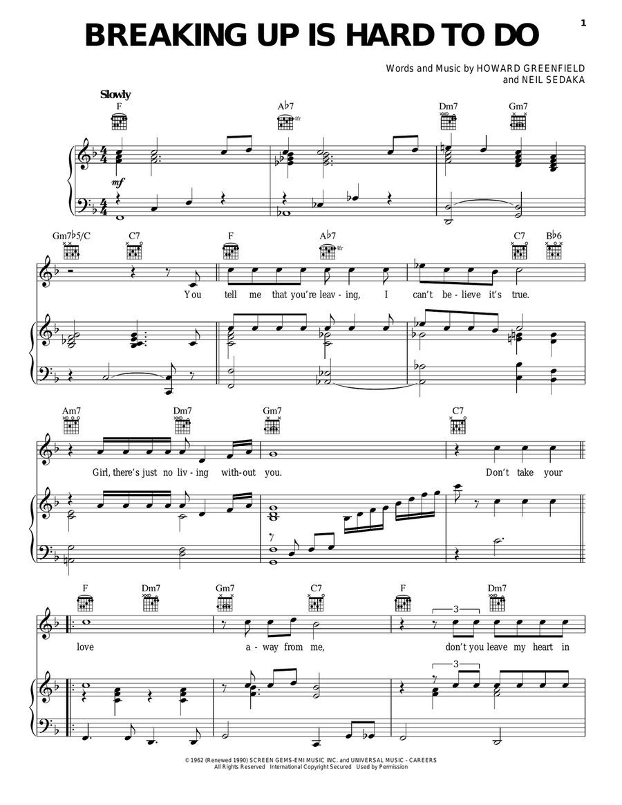 Breaking Up Is Hard To Do Piano, Vocal, Guitar scores gallery preview page 1