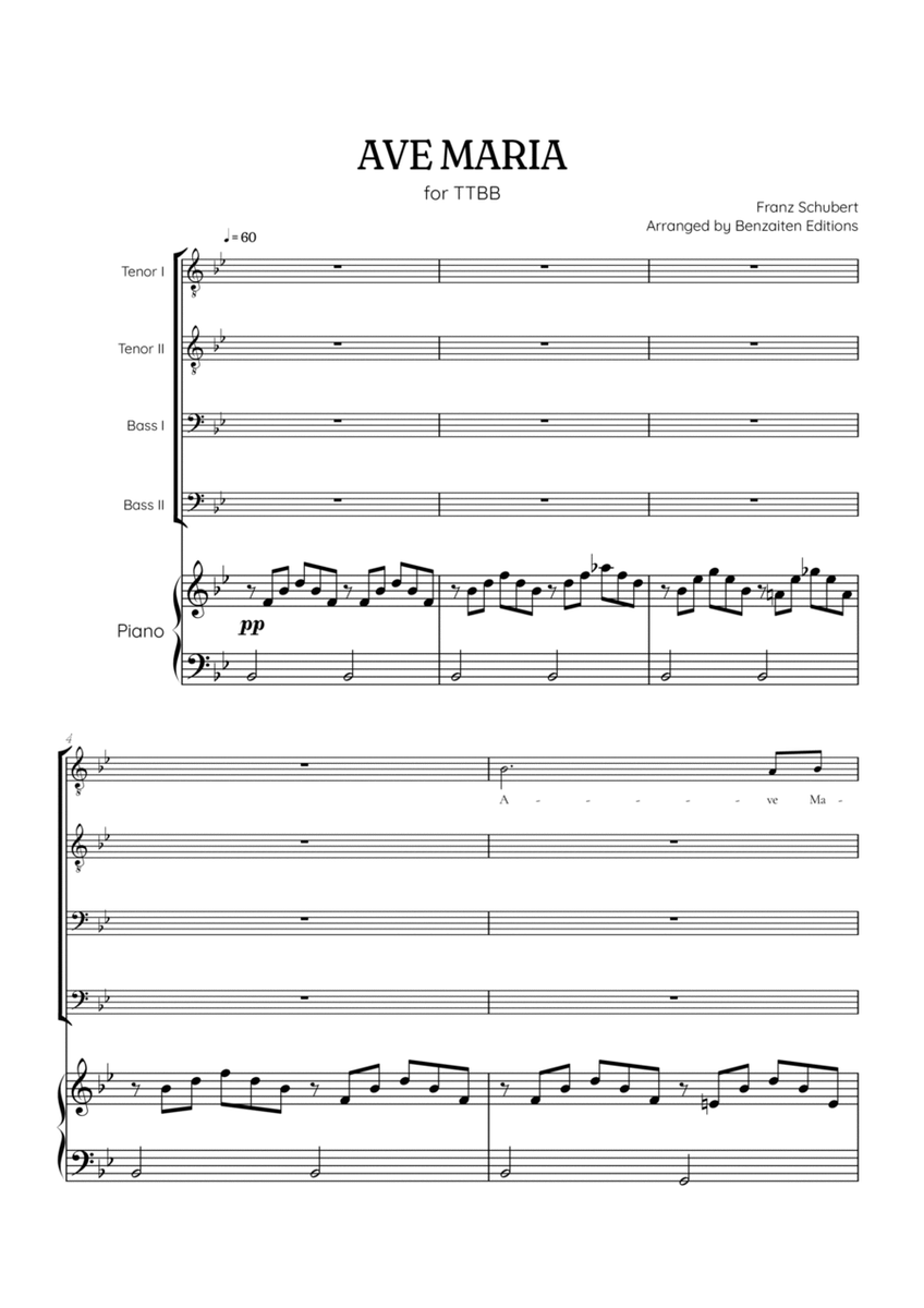 Schubert Ave Maria • TTBB choir sheet music with easy piano accompaniment image number null