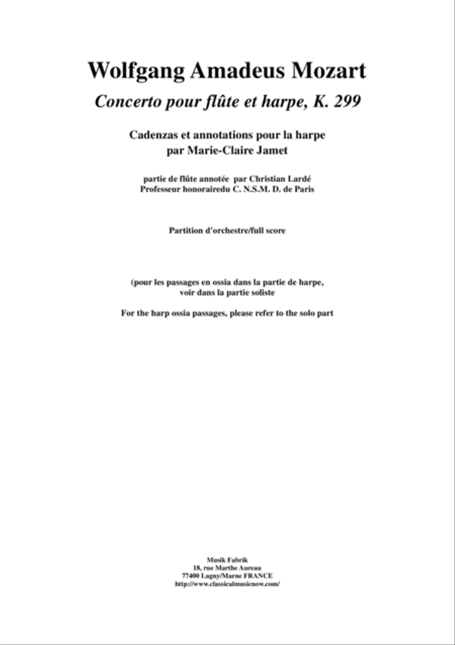 Wolfgang Amadeus Mozart: Concerto for flute and harp, K. 299, full score Chamber Orchestra scores gallery preview page 1