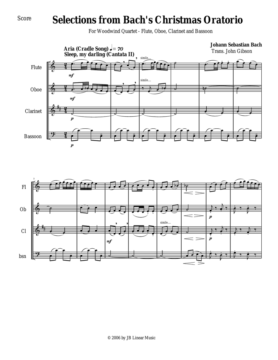 Bach's Christmas Oratorio Selections for Woodwind Quartet Woodwind Quartet scores gallery preview page 1