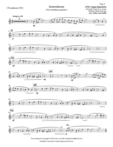 Trombone Quartets For Christmas Vol 2 - Part 1 - Treble Clef