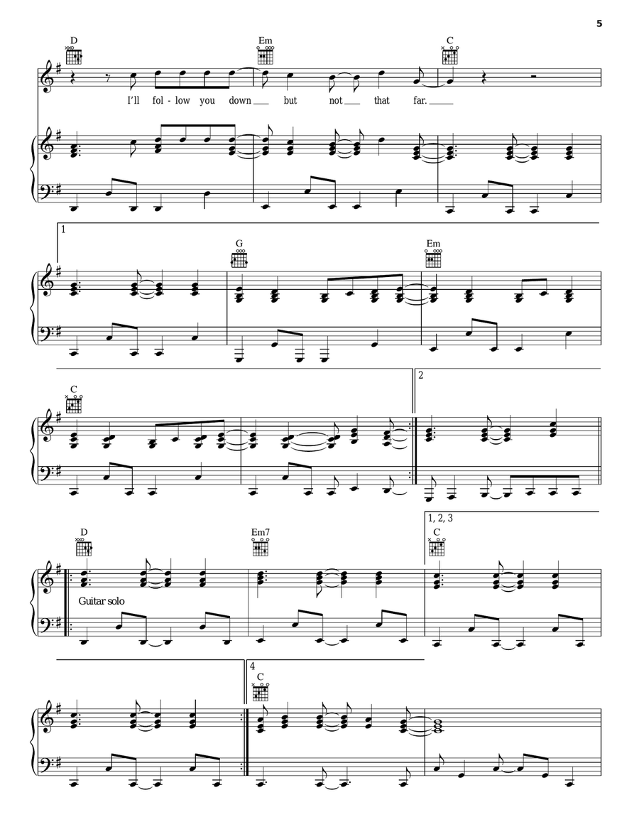 Follow You Down Piano, Vocal, Guitar scores gallery preview page 5