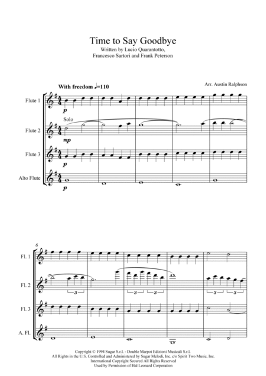 Time To Say Goodbye Flute Quartet scores gallery preview page 3