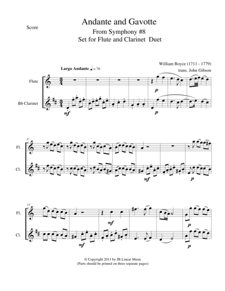 Andante and Gavotte by William Boyce for Flute and Clarinet image number null