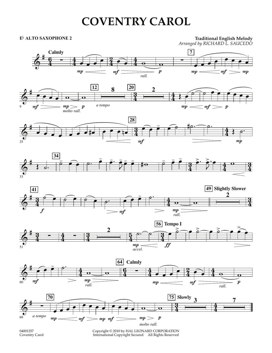 Coventry Carol - Eb Alto Saxophone 2 Concert Band scores gallery preview page 1