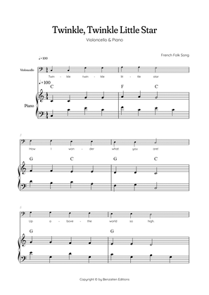 Twinkle, Twinkle Little Star • Easy cello sheet music with easy piano accompaniment w/ chords