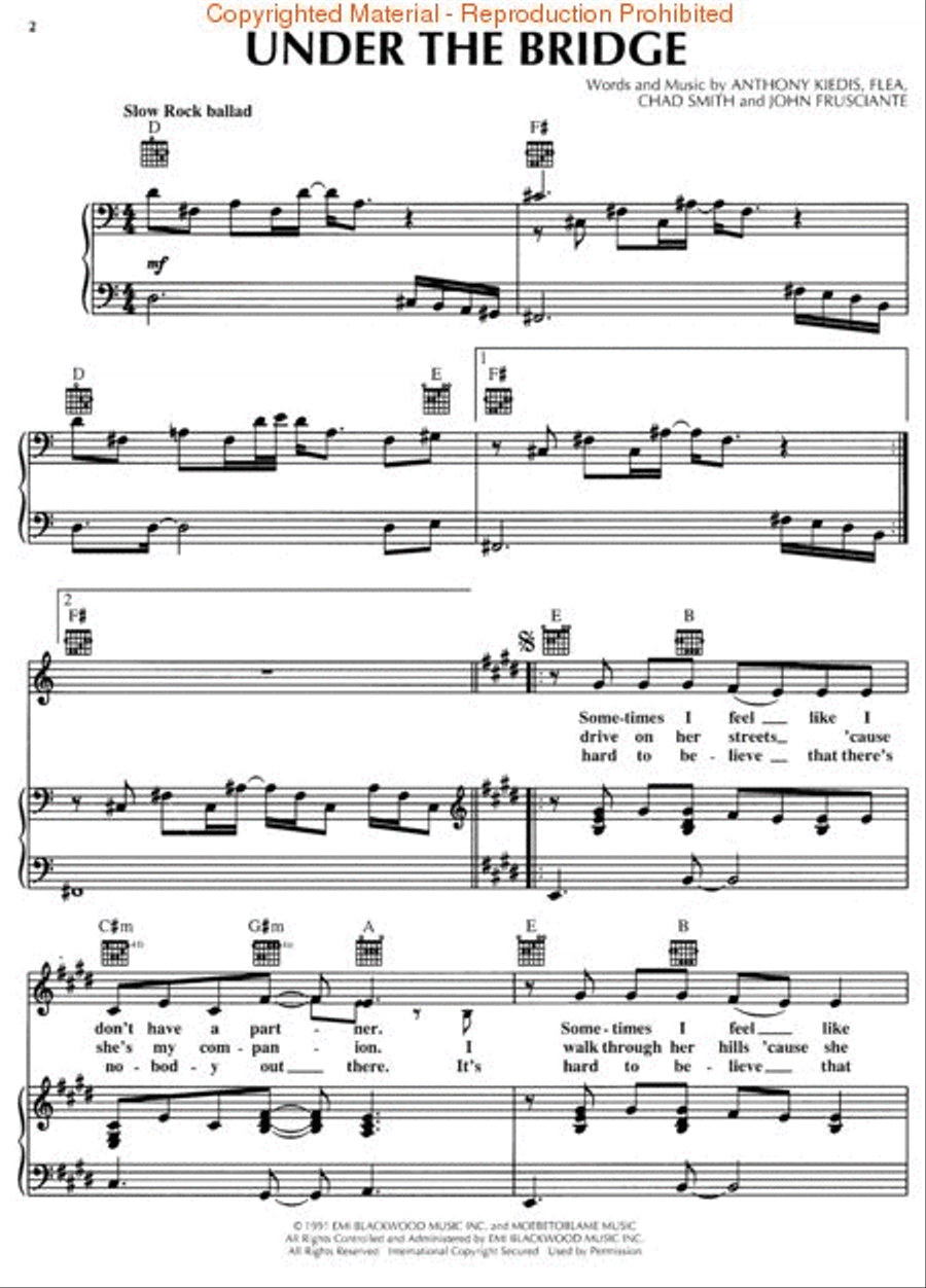 Under The Bridge Piano, Vocal, Guitar scores gallery preview page 2