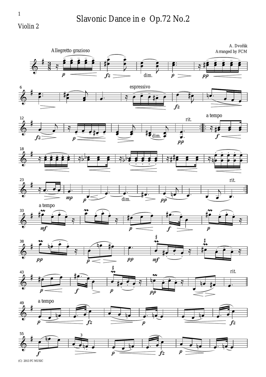 Dvorak Slavonic Dance Op.72, No.2, for string quartet, CD206