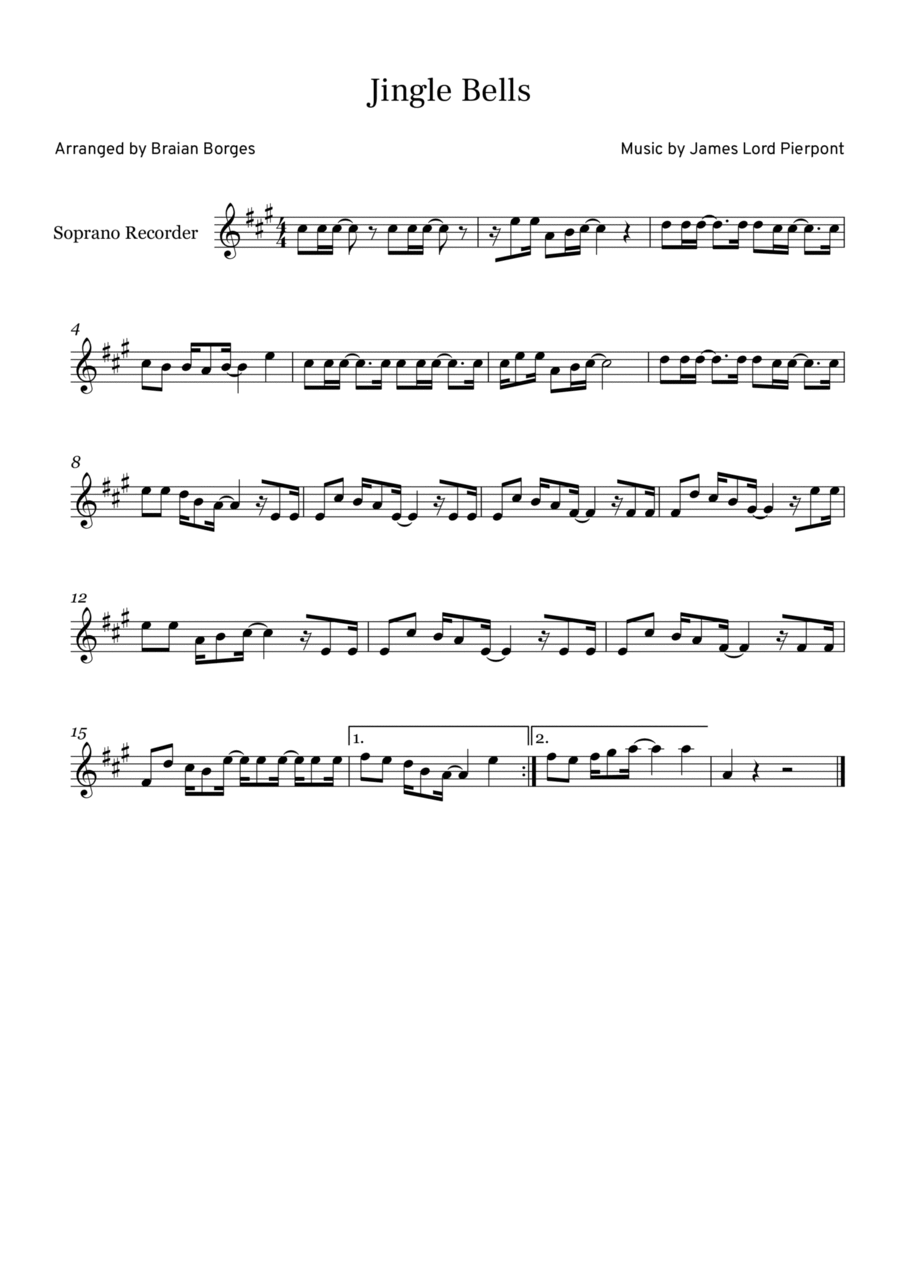Jingle Bells in A major, For Soprano Recorder Soprano Recorder scores gallery preview page 1